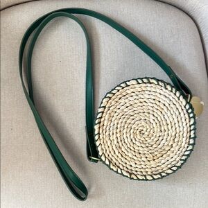 Chic Round Woven Crossbody Bag with Green Strap